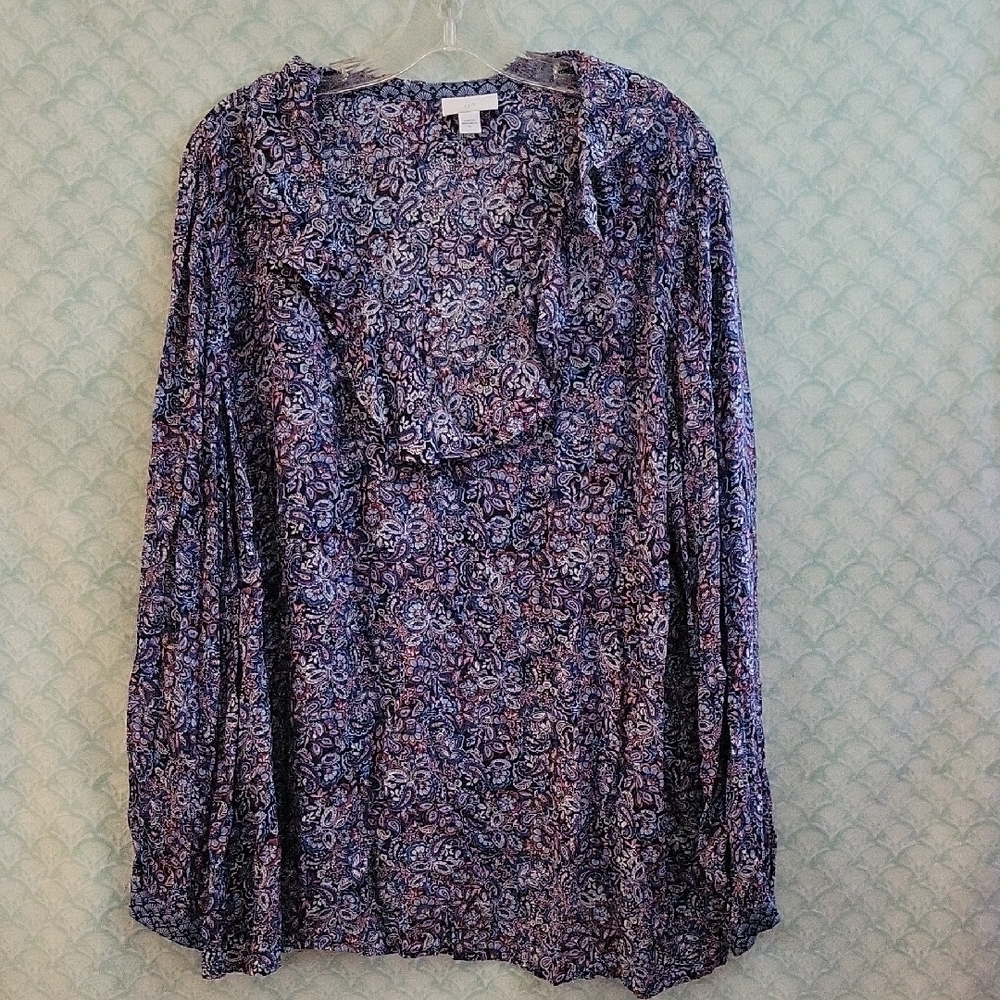 Purple and Blue Ruffled Blouse with Bib Collar
